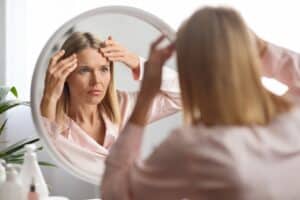 Mature woman looking in mirror and examining her forehead area and thinking about getting a brow lift